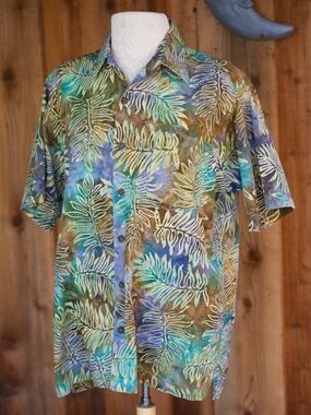 Pete Huntington Bali 100% Cotton Tie Dye Batik Leaf Print Button Down Men's M